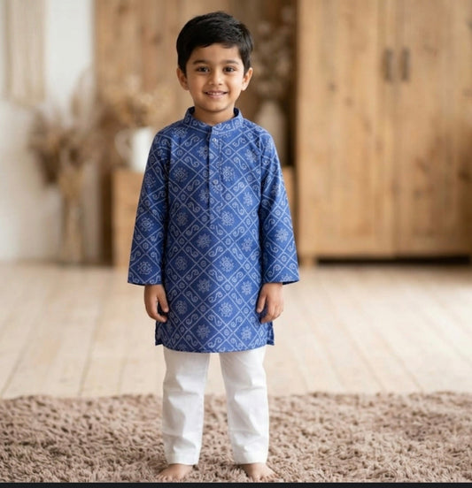 Blue Bandhej Printed Cotton Kurta with Pajama
