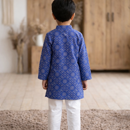 Blue Bandhej Printed Cotton Kurta with Pajama