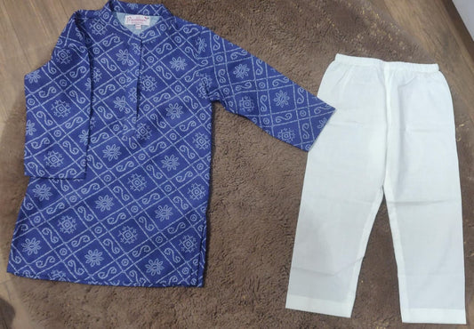Blue Bandhej Printed Cotton Kurta with Pajama
