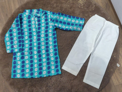 Blue Printed Cotton Kurta with Pajama