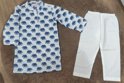 White Blue Printed Cotton Kurta with Pajama