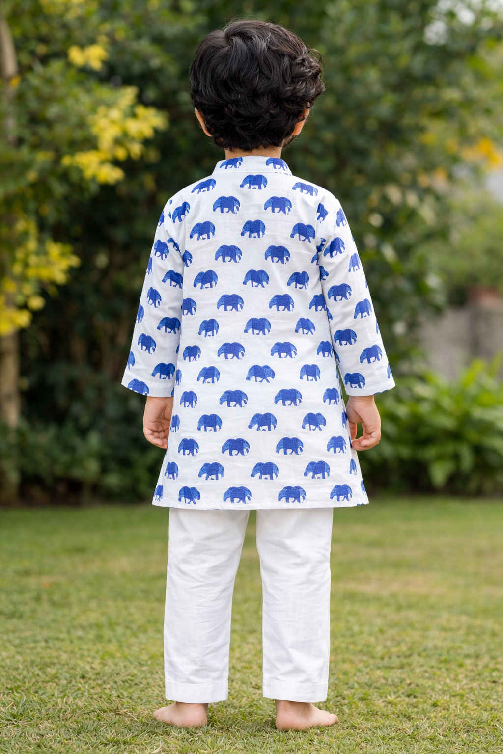 White Blue Printed Cotton Kurta with Pajama