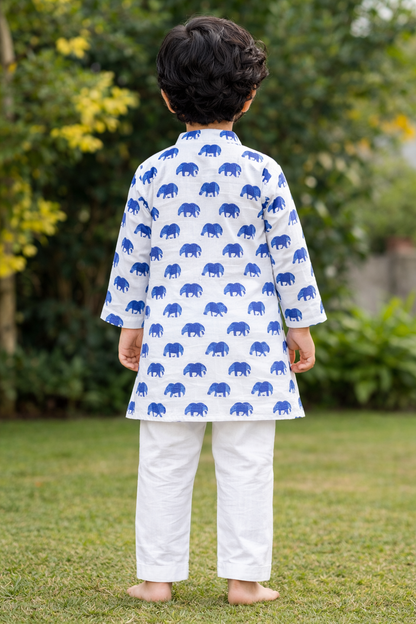 White Blue Printed Cotton Kurta with Pajama