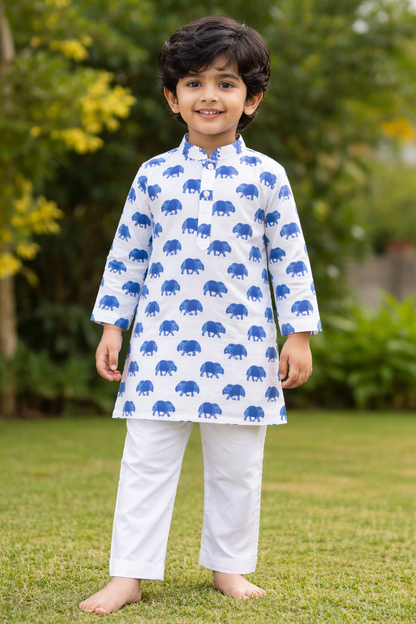 White Blue Printed Cotton Kurta with Pajama