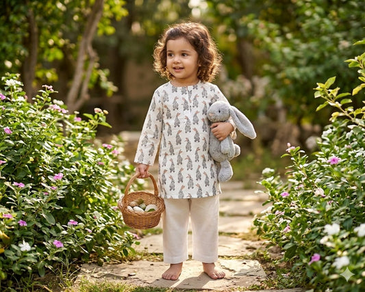 White Printed Cotton Kurta with Pajama