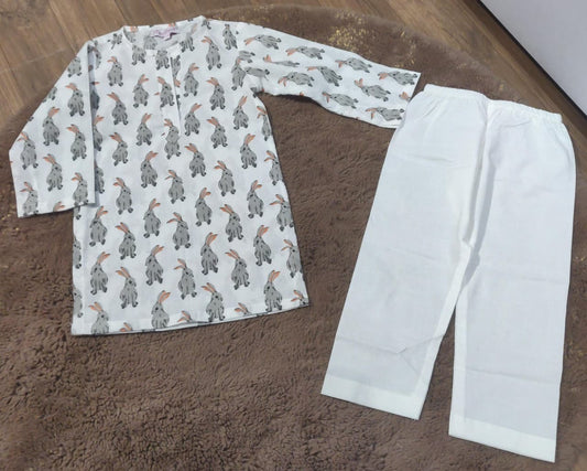 White Printed Cotton Kurta with Pajama