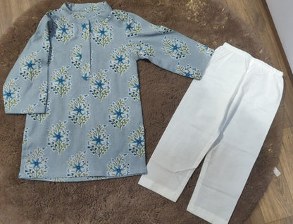 Grey Printed Cotton Kurta with Pajama