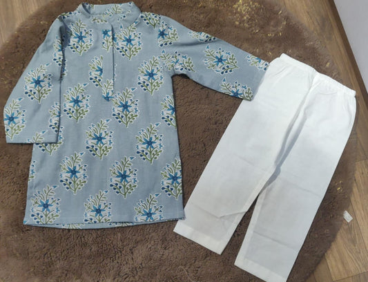 Grey Printed Cotton Kurta with Pajama