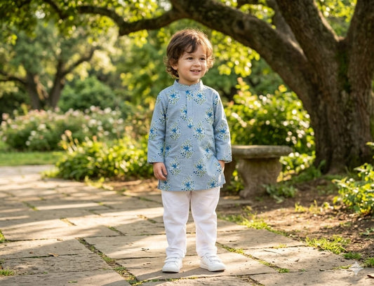 Grey Printed Cotton Kurta with Pajama