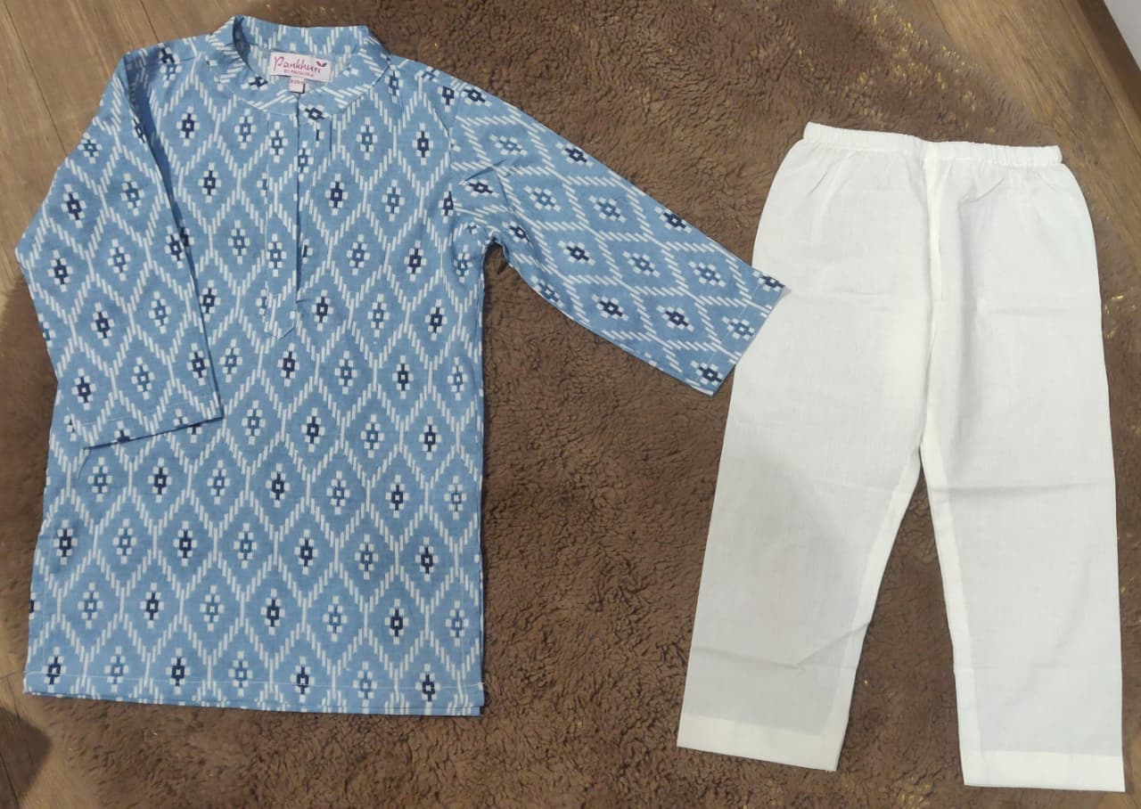 Blue Ikat Printed Cotton Kurta with Pajama