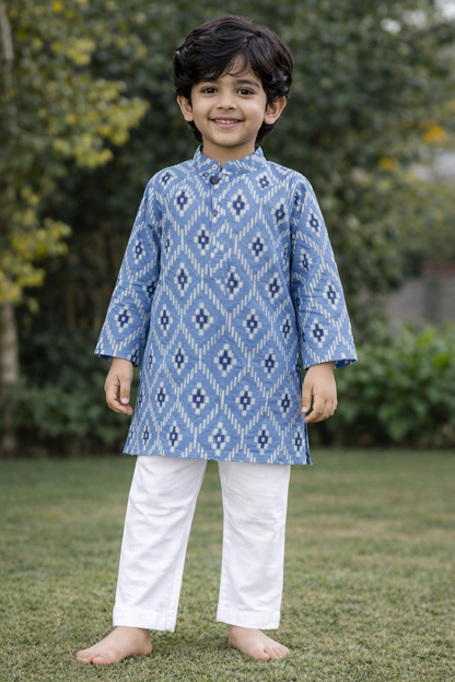Blue Ikat Printed Cotton Kurta with Pajama