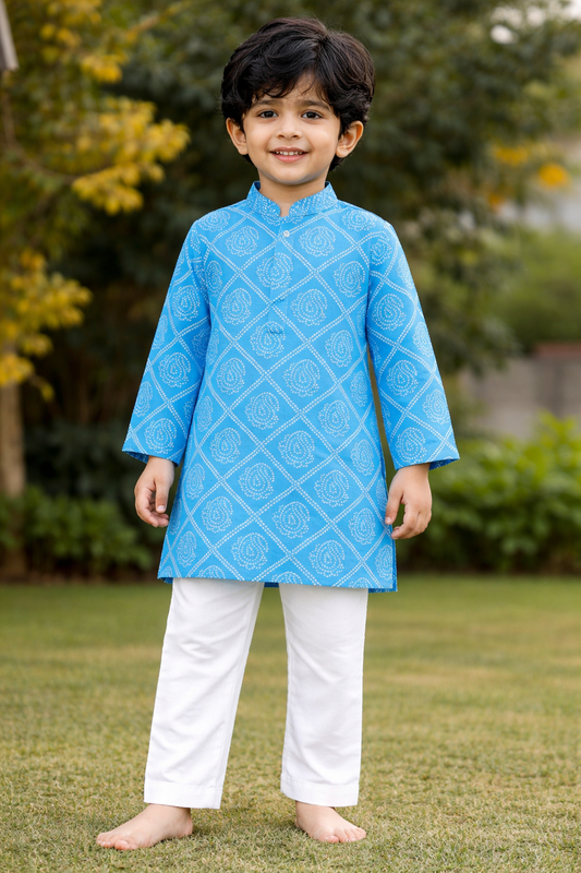 Blue Bandhani Printed Cotton Kurta with Pajama