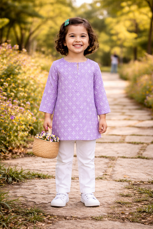 Lavender Printed Cotton Kurta with Pajama