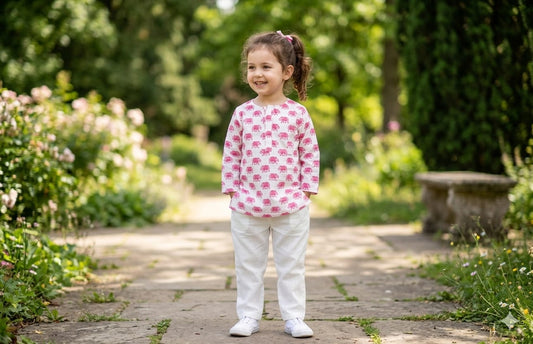 White Pink Printed Cotton Kurta with Pajama
