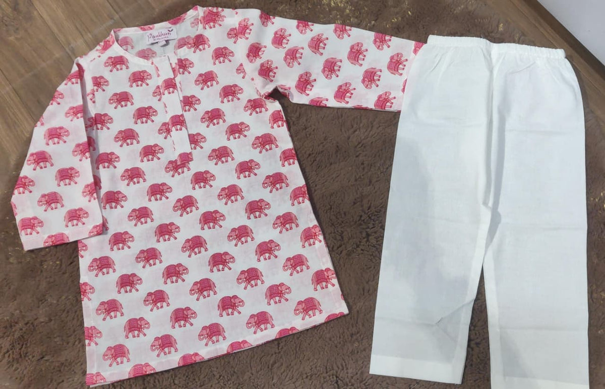 White Pink Printed Cotton Kurta with Pajama