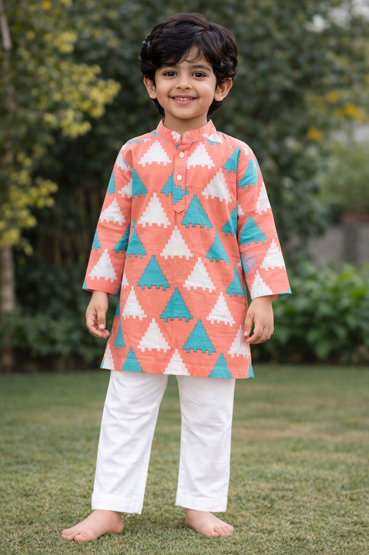 Peach Printed Cotton Kurta with Pajama