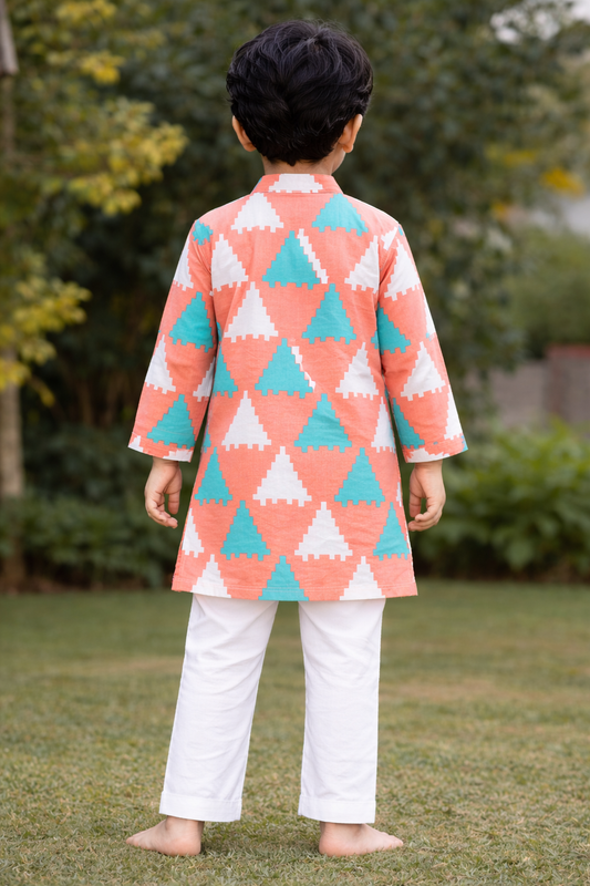 Peach Printed Cotton Kurta with Pajama