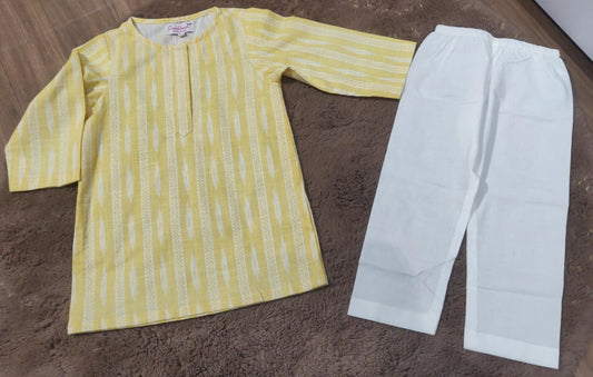 Yellow Printed Cotton Kurta with Pajama