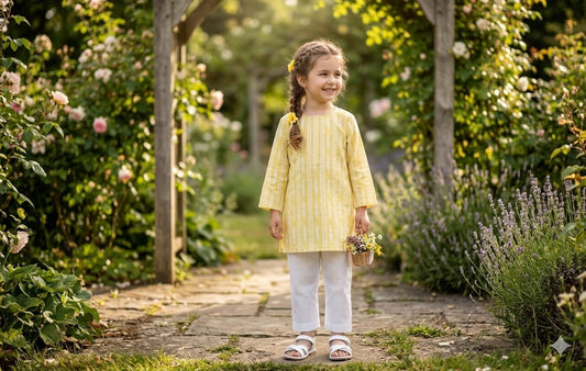 Yellow Printed Cotton Kurta with Pajama
