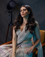 KARISHMA TANNA In Ash Pink Chandelier Pearl Drop Saree Set