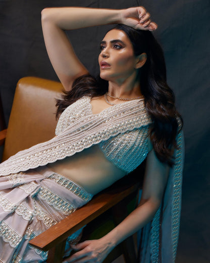KARISHMA TANNA In Ash Pink Chandelier Pearl Drop Saree Set