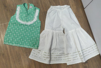 Green Hand Block Printed Cotton Sharara Suit