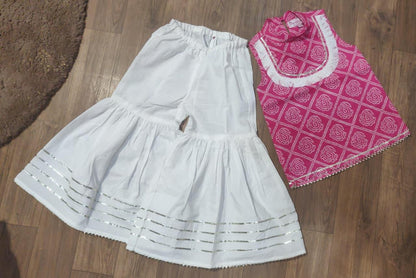 Pink Block print kurta with white garara set