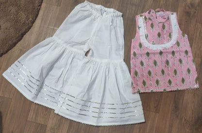Baby pink print kurta with white garara set