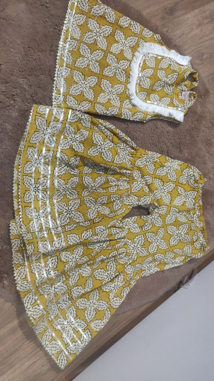 Mustard Yellow Hand Block Printed Cotton Sharara Suit