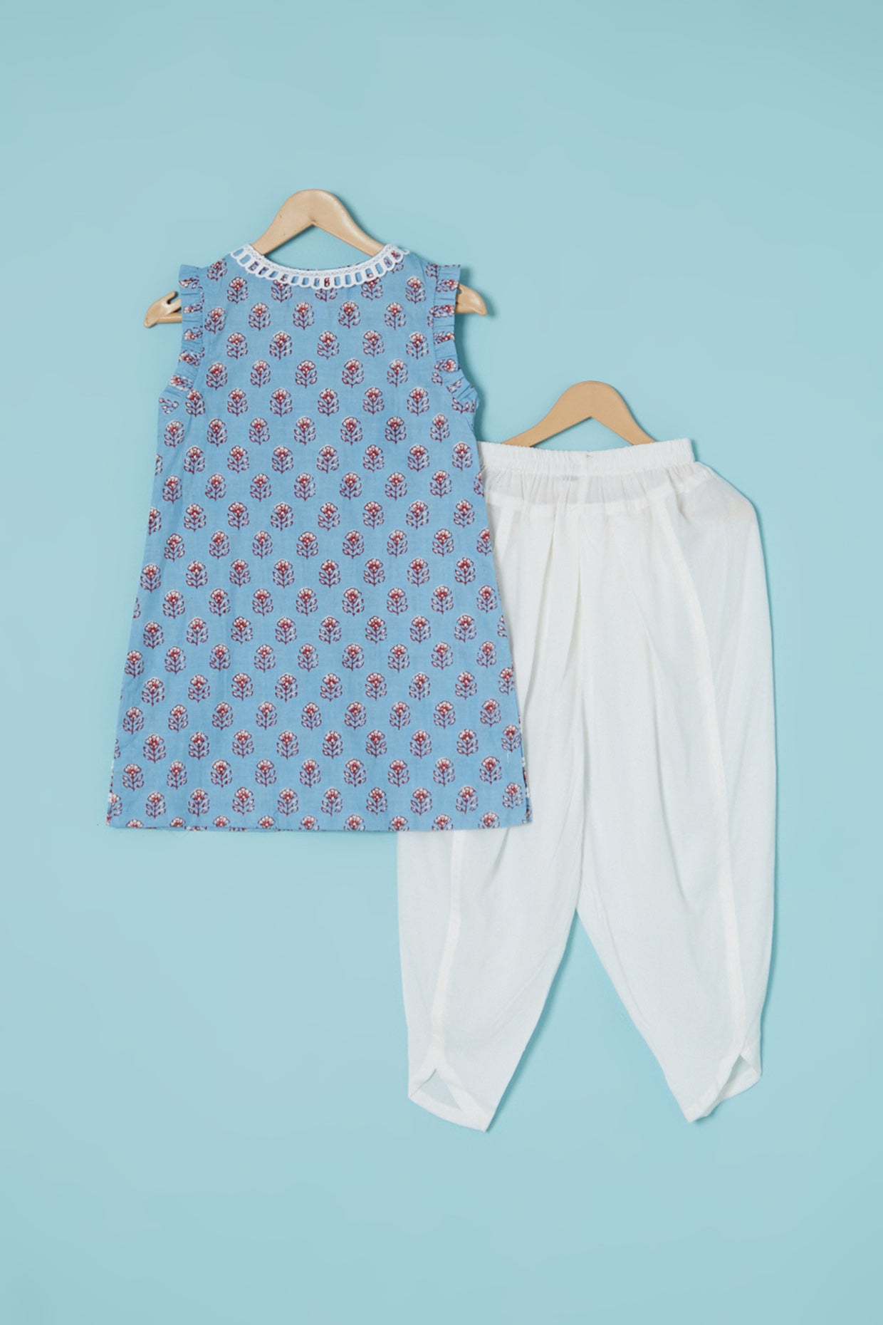 Coablt Blue Cotton Hand Block Printed Kurta Set For Girls by Pankhuri by Priyanka - Kids at Pernia's Pop Up Shop