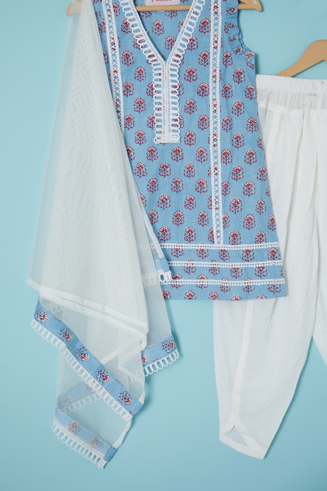 Coablt Blue Cotton Hand Block Printed Kurta Set For Girls by Pankhuri by Priyanka - Kids at Pernia's Pop Up Shop