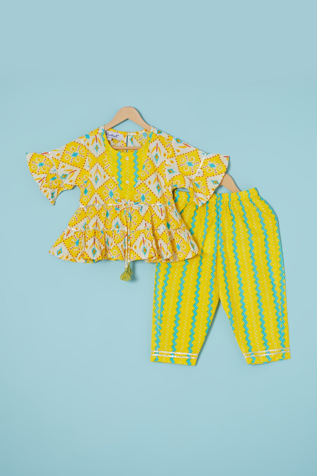 Lime Cotton Printed Peplum Kurta Set For Girls by Pankhuri by Priyanka - Kids at Pernia's Pop Up Shop