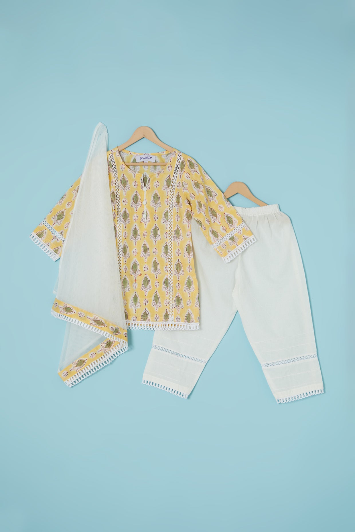 Yellow Cotton Hand Block Printed Kurta Set For Girls by Pankhuri by Priyanka - Kids at Pernia's Pop Up Shop