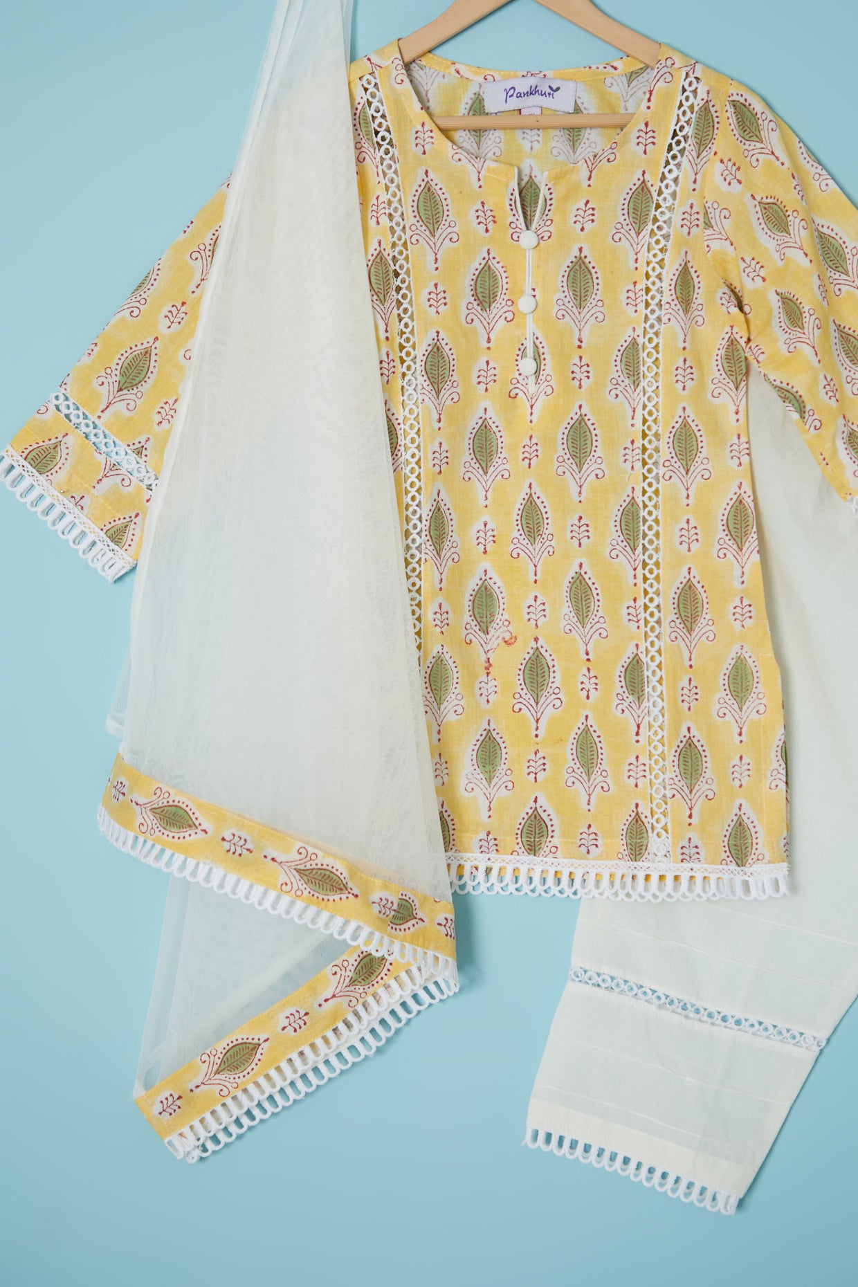 Yellow Cotton Hand Block Printed Kurta Set For Girls by Pankhuri by Priyanka - Kids at Pernia's Pop Up Shop