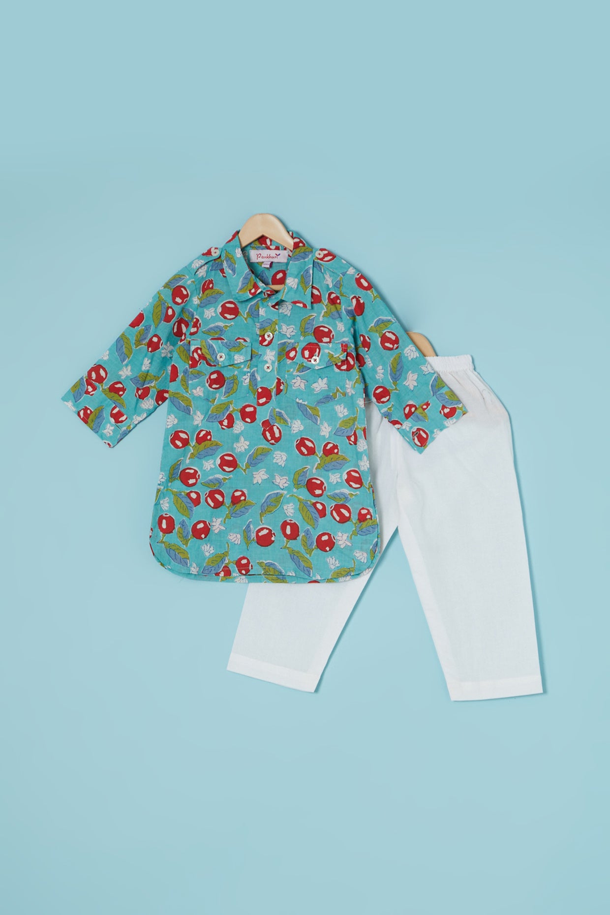 Turquoise Cotton Printed Kurta Set For Boys by Pankhuri by Priyanka - Kids at Pernia's Pop Up Shop