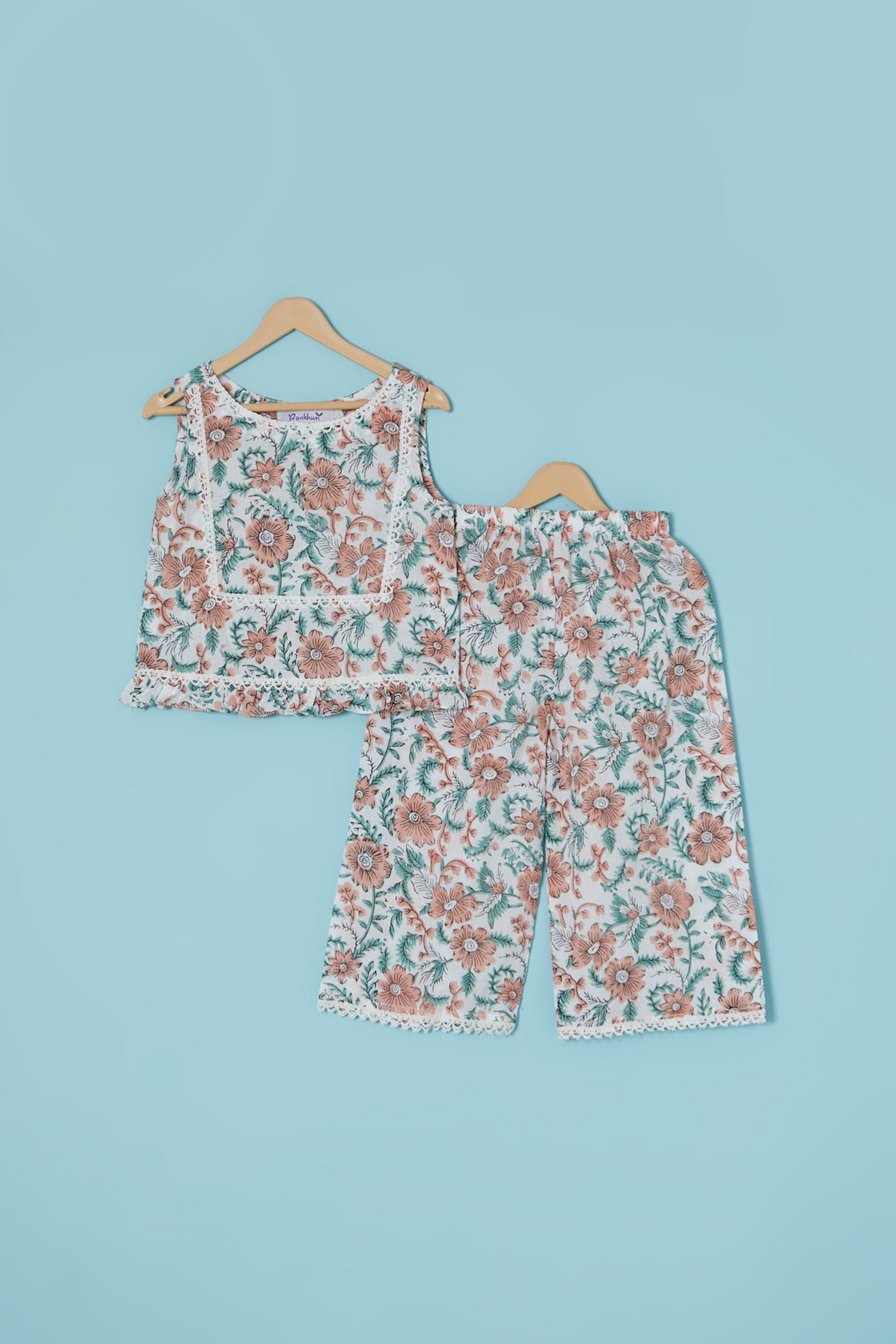 White Cotton Block Printed Palazzo Pant Set For Girls by Pankhuri by Priyanka - Kids at Pernia's Pop Up Shop