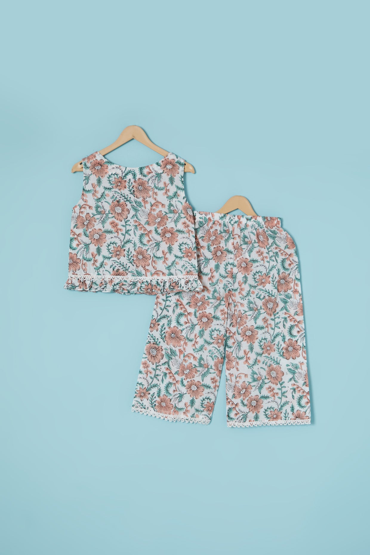 White Cotton Block Printed Palazzo Pant Set For Girls by Pankhuri by Priyanka - Kids at Pernia's Pop Up Shop