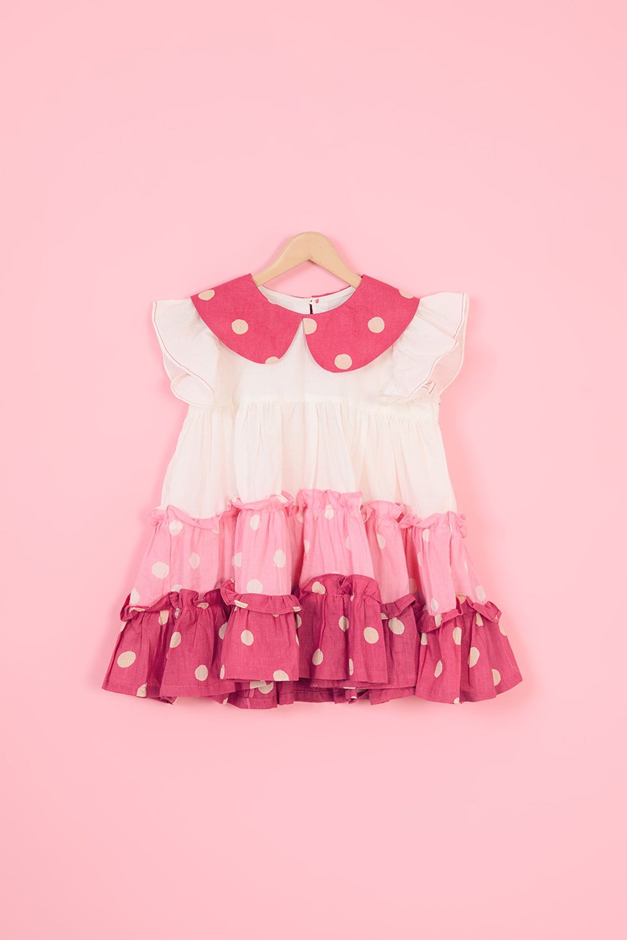 Red Mul Cotton Polka Dot Hand Block Printed Tiered Dress For Girls by Pankhuri by Priyanka - Kids at Pernia's Pop Up Shop