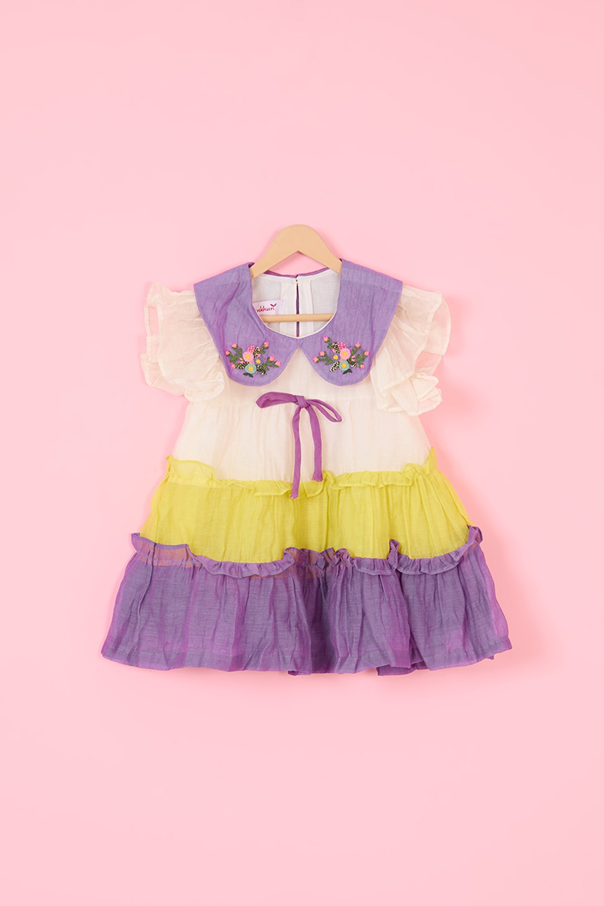 Purple & Yellow Pure Mulmul Hand Embroidered Tiered Dress For Girls by Pankhuri by Priyanka - Kids at Pernia's Pop Up Shop