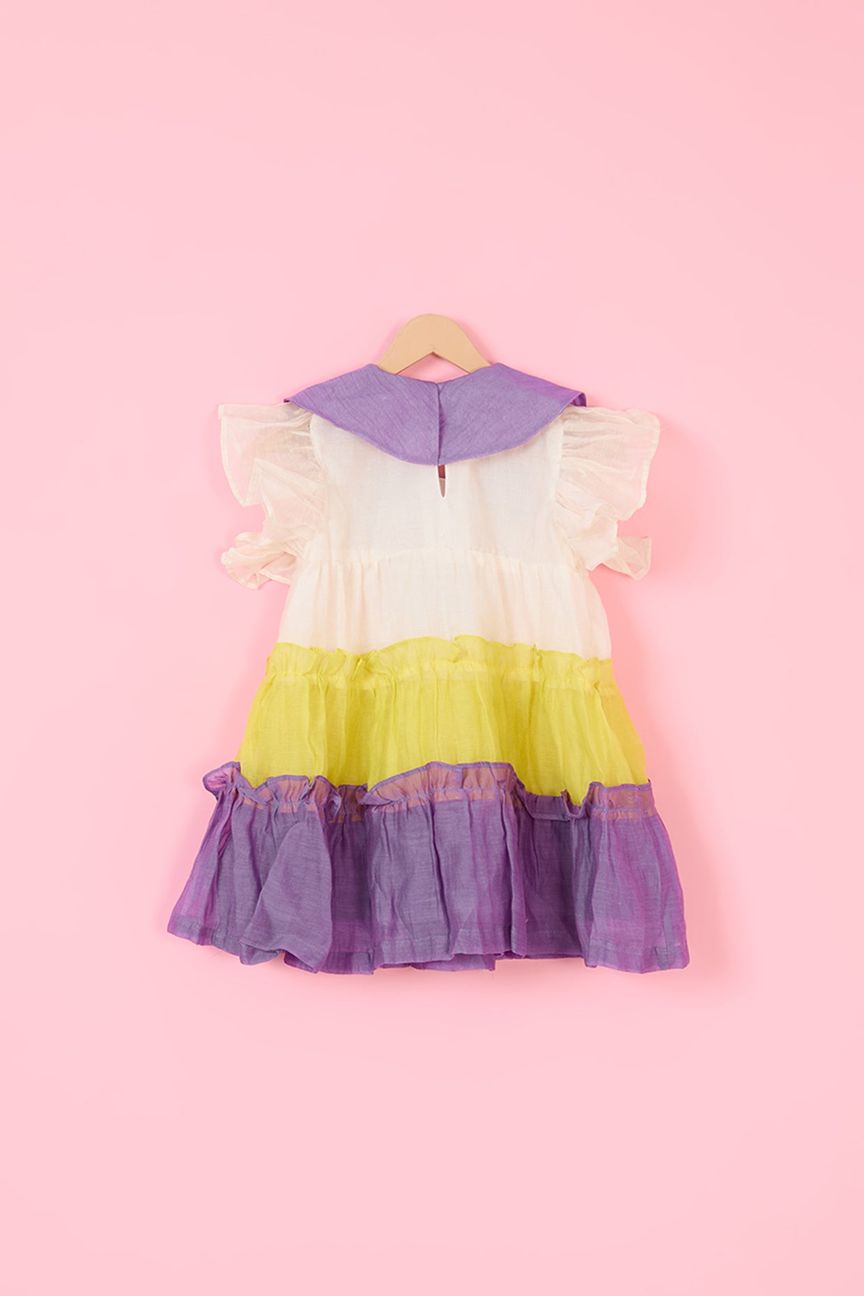 Purple & Yellow Pure Mulmul Hand Embroidered Tiered Dress For Girls by Pankhuri by Priyanka - Kids at Pernia's Pop Up Shop