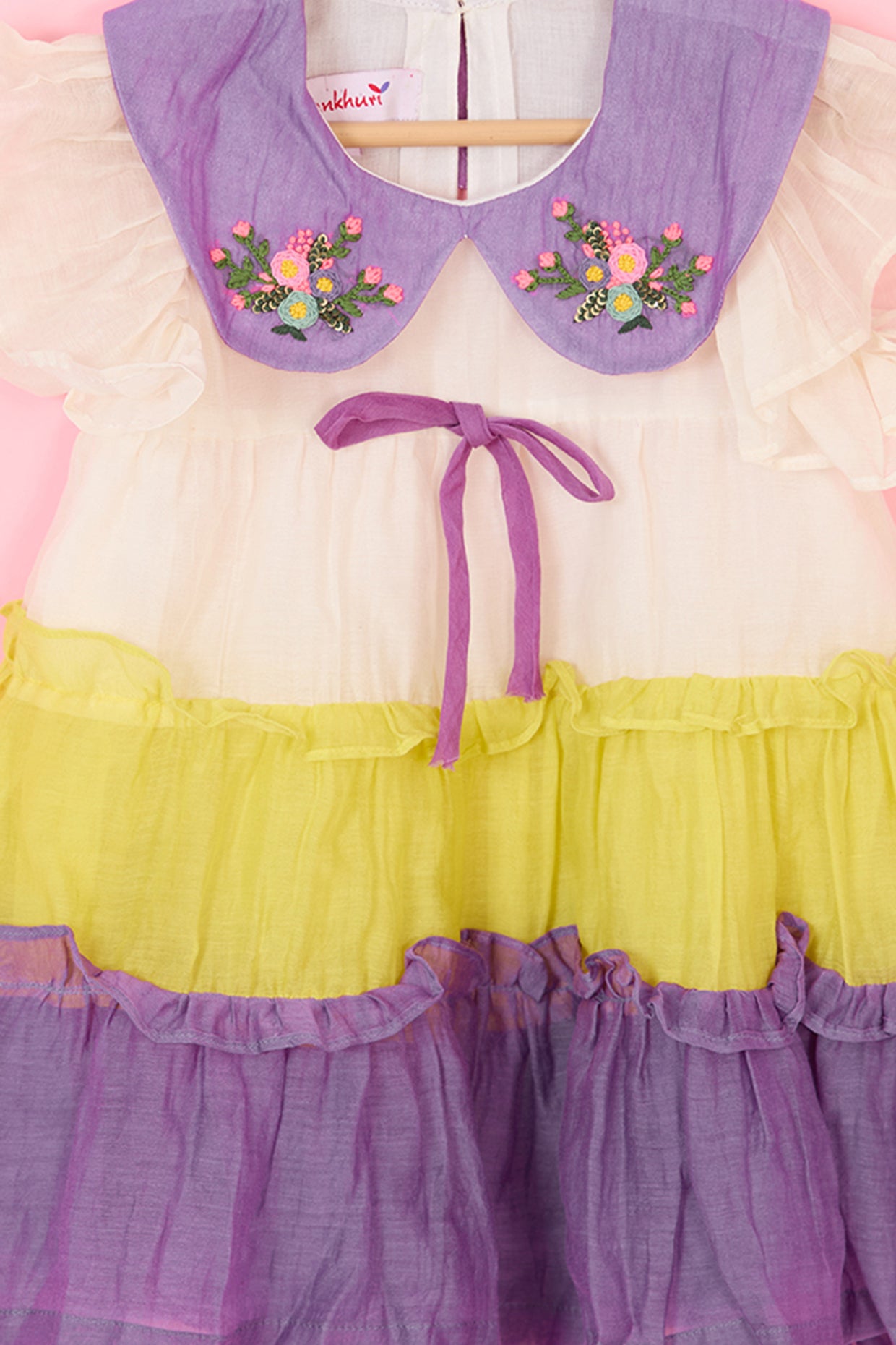 Purple & Yellow Pure Mulmul Hand Embroidered Tiered Dress For Girls by Pankhuri by Priyanka - Kids at Pernia's Pop Up Shop