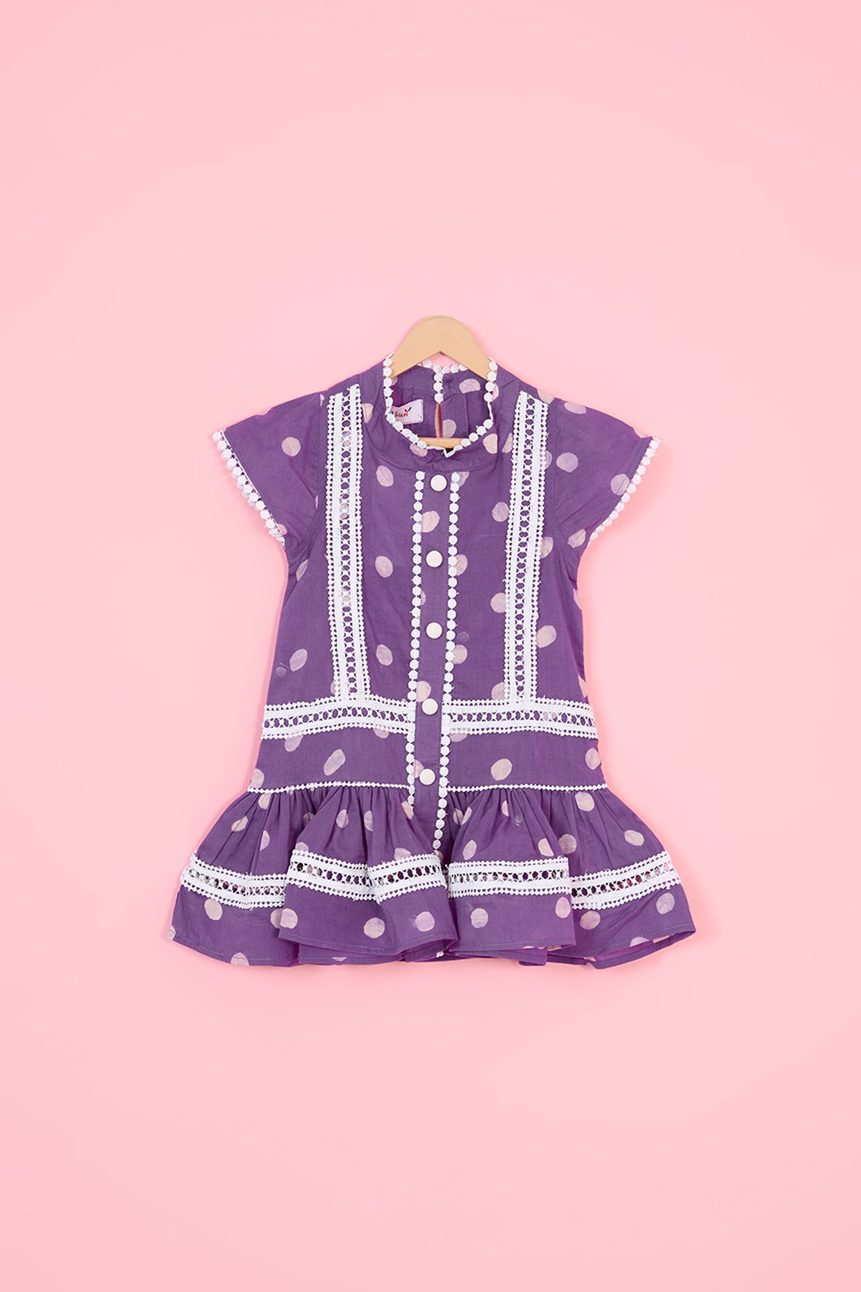 Mauve Mulmul Polka Dot Hand Block Printed Gathered Dress For Girls by Pankhuri by Priyanka - Kids at Pernia's Pop Up Shop