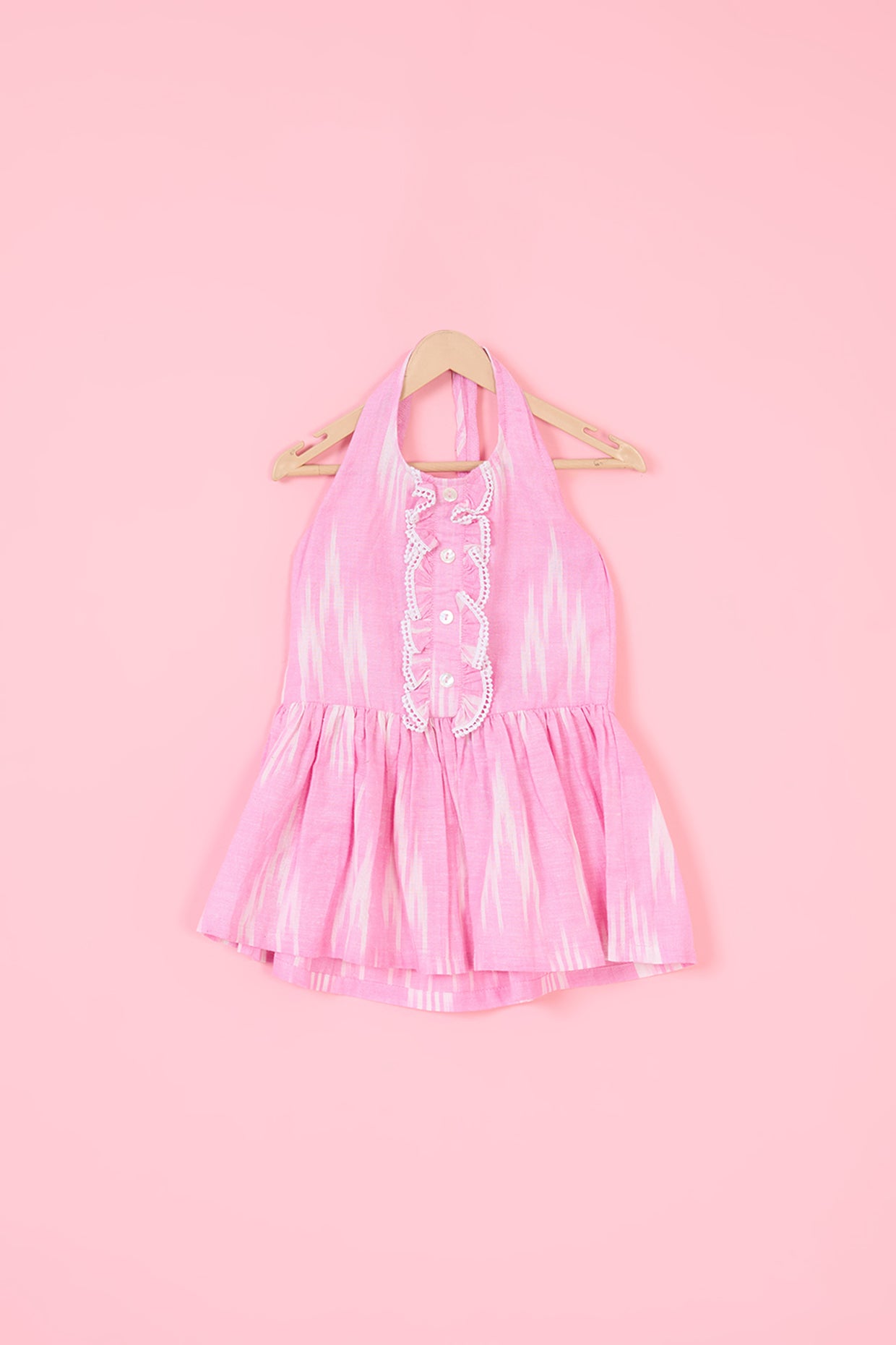 Blush Pink Mulmul Ikat Printed Halter Dress For Girls by Pankhuri by Priyanka - Kids at Pernia's Pop Up Shop