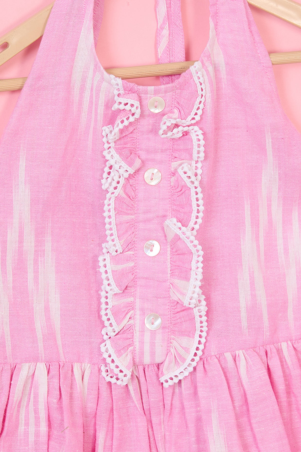 Blush Pink Mulmul Ikat Printed Halter Dress For Girls by Pankhuri by Priyanka - Kids at Pernia's Pop Up Shop
