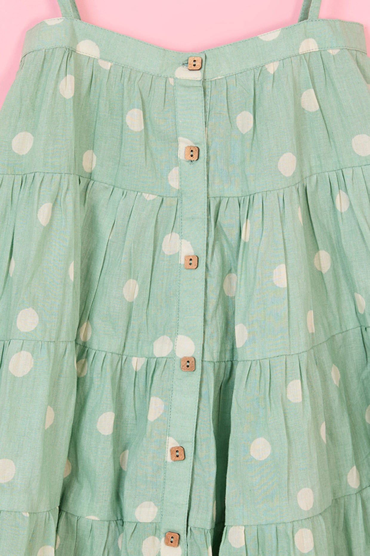 Green Mulmul Hand Block Polka Dot Printed Flared Dress For Girls by Pankhuri by Priyanka - Kids at Pernia's Pop Up Shop