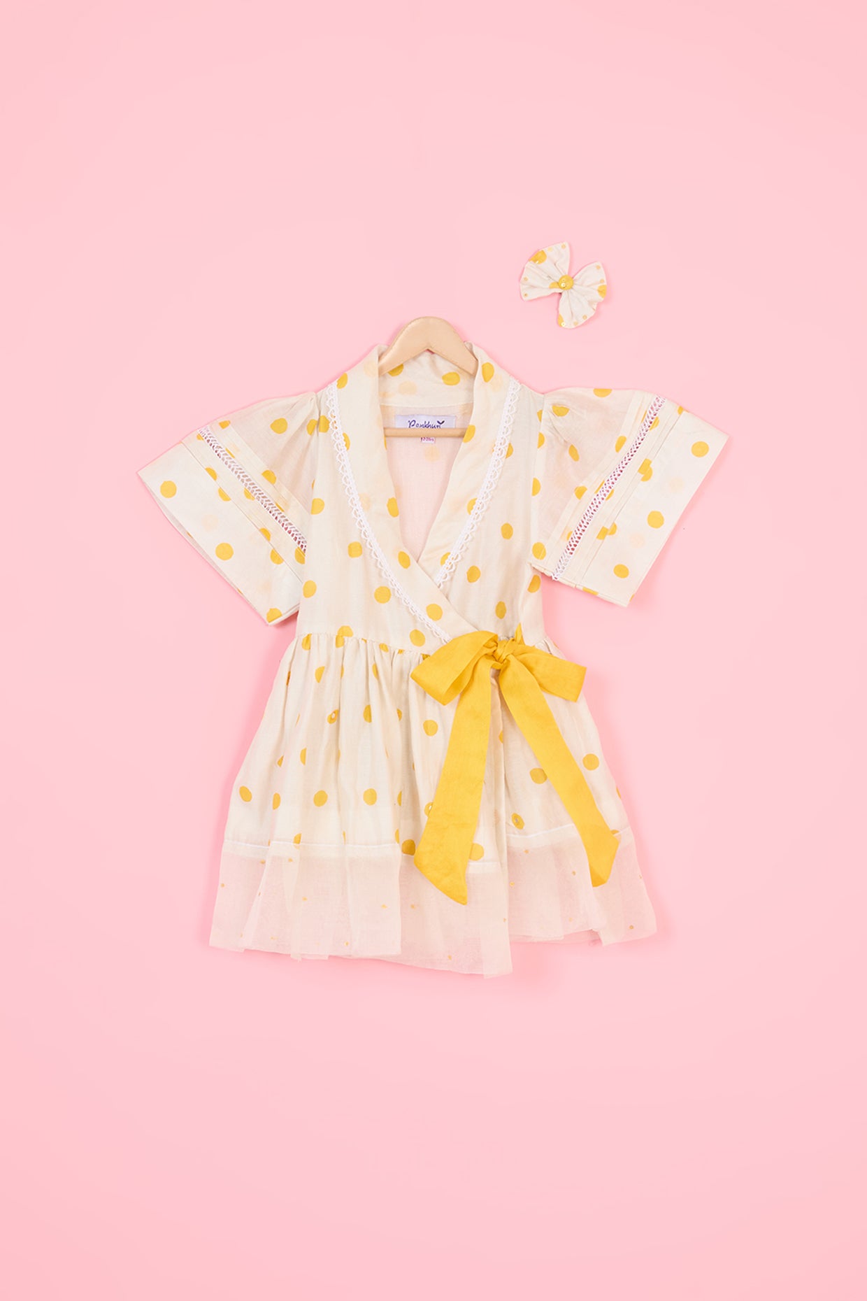 Off-White & Yellow Chanderi Polka Dot Hand Block Printed Dress For Girls by Pankhuri by Priyanka - Kids at Pernia's Pop Up Shop