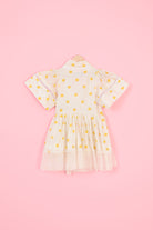 Off-White & Yellow Chanderi Polka Dot Hand Block Printed Dress For Girls by Pankhuri by Priyanka - Kids at Pernia's Pop Up Shop