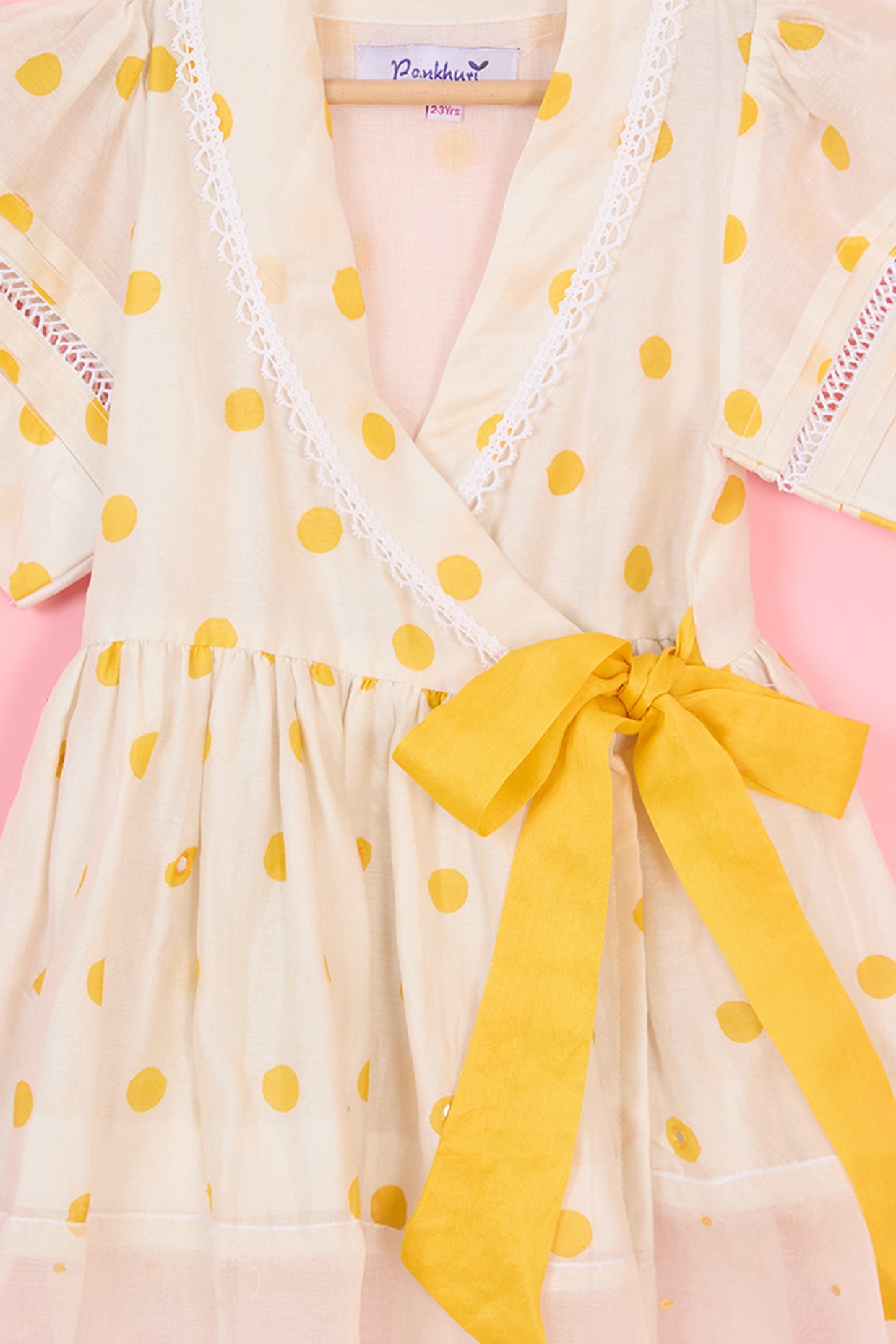 Off-White & Yellow Chanderi Polka Dot Hand Block Printed Dress For Girls by Pankhuri by Priyanka - Kids at Pernia's Pop Up Shop