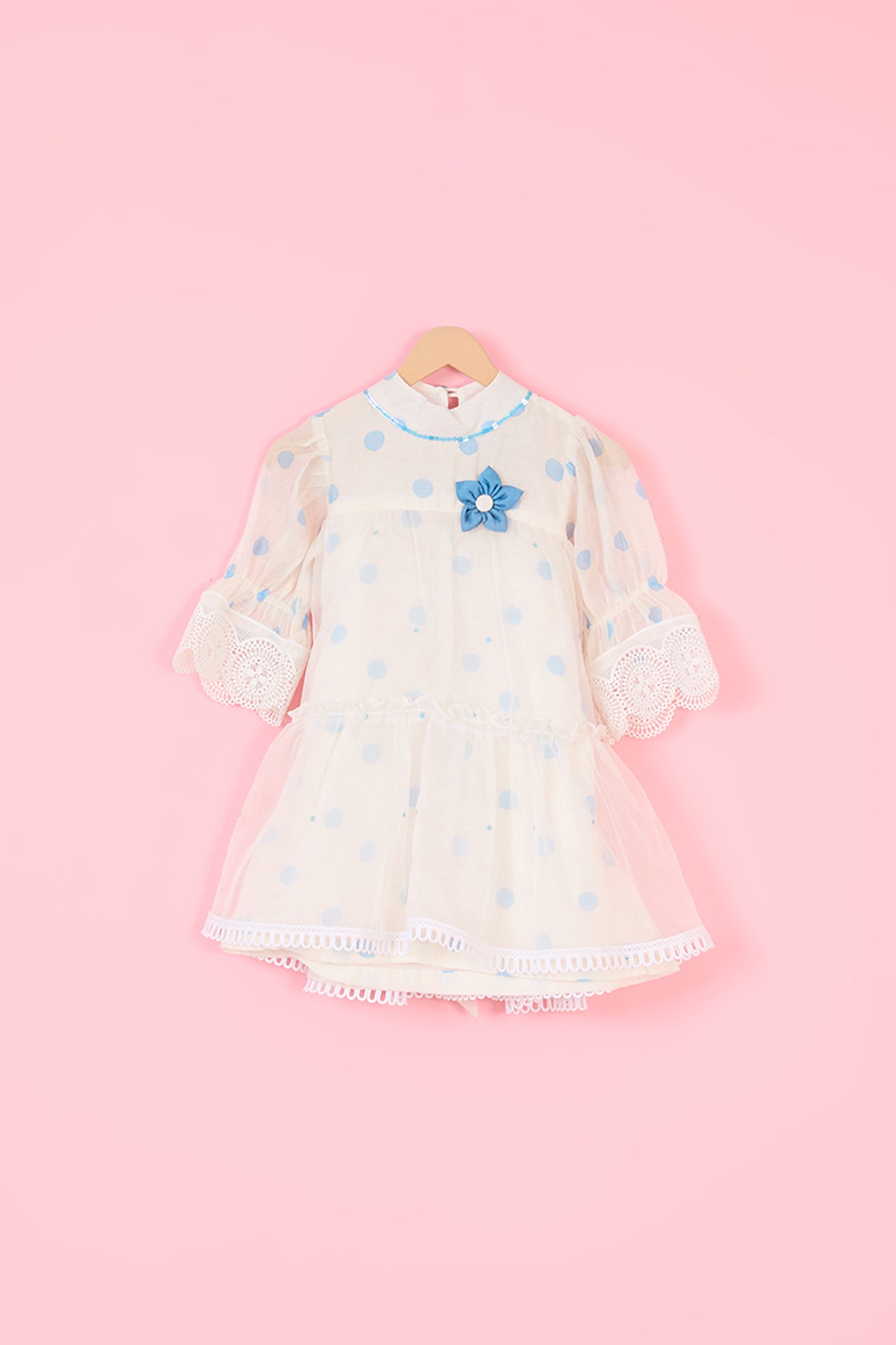 Powder Blue Mul Chanderi Hand Block Polka Dot Printed Layered Dress For Girls by Pankhuri by Priyanka - Kids at Pernia's Pop Up Shop
