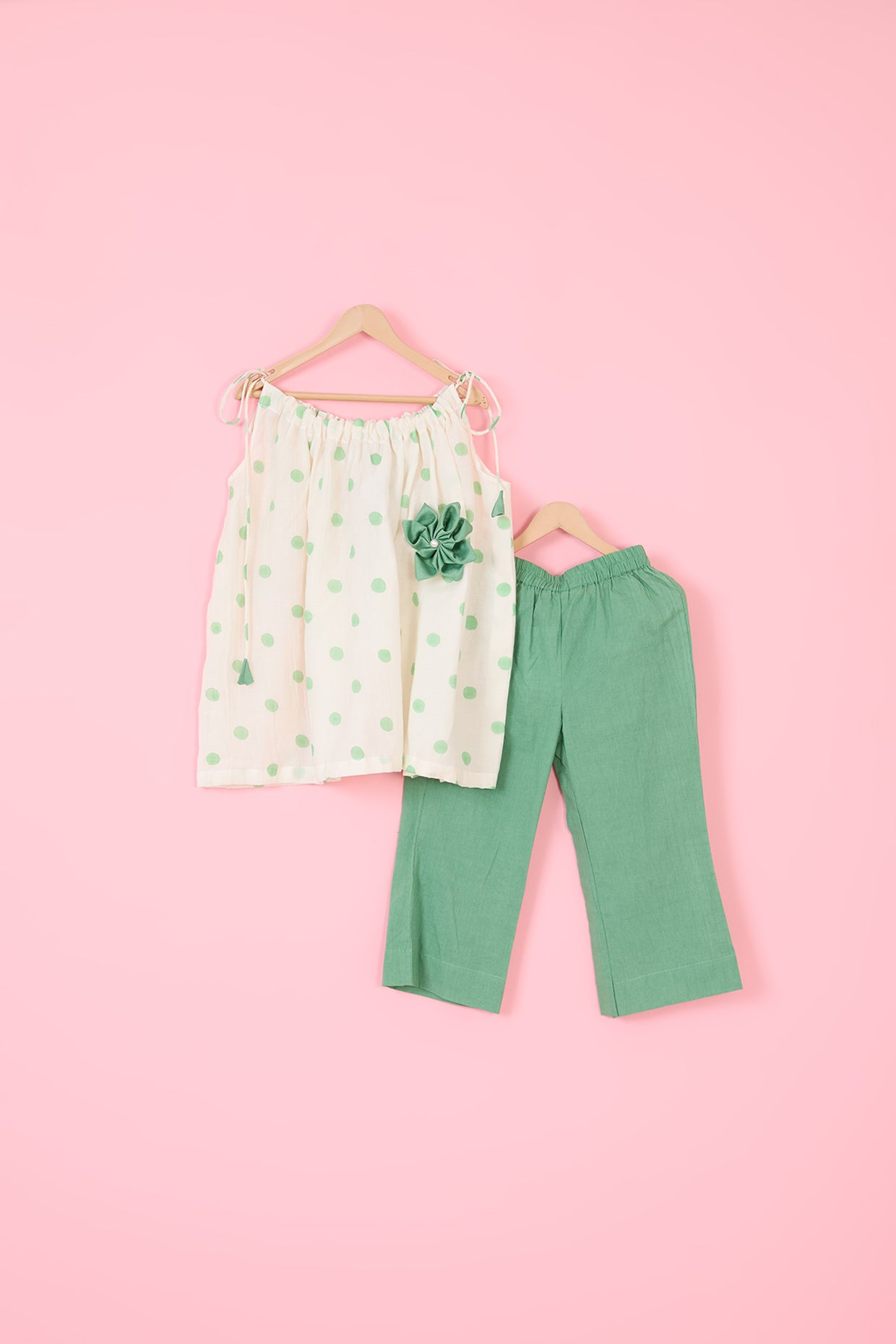 Green Mul Chanderi Flared Pant Set For Girls by Pankhuri by Priyanka - Kids at Pernia's Pop Up Shop